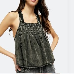 Free People Marina washed black denim babydoll cropped top size S